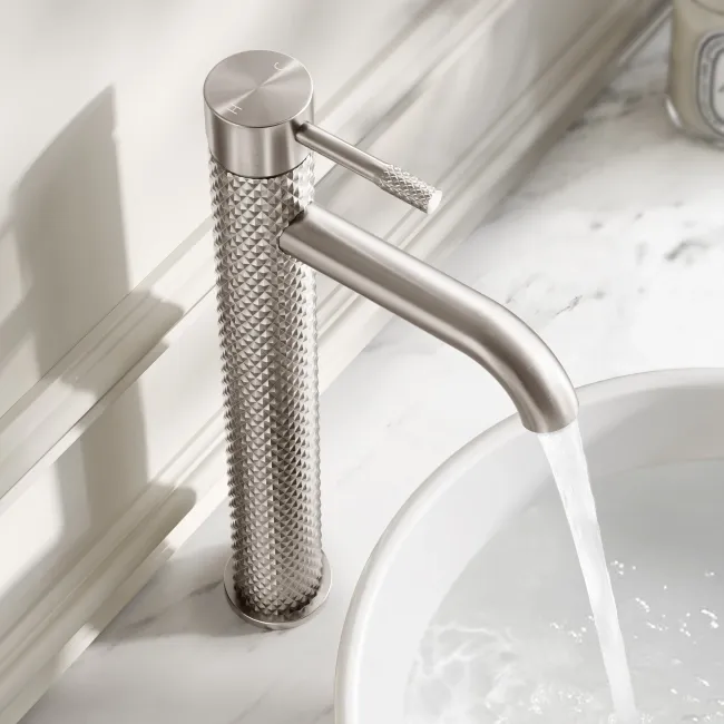 Suir Brushed Nickel High Rise Basin Mixer Tap with Knurled Detailing
