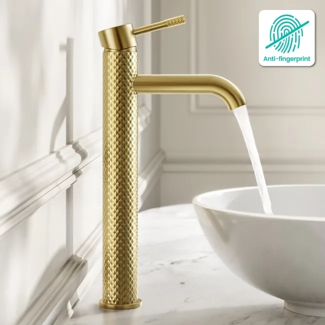 Suir Brushed Brass High Rise Basin Mixer Tap with Knurled Detailing