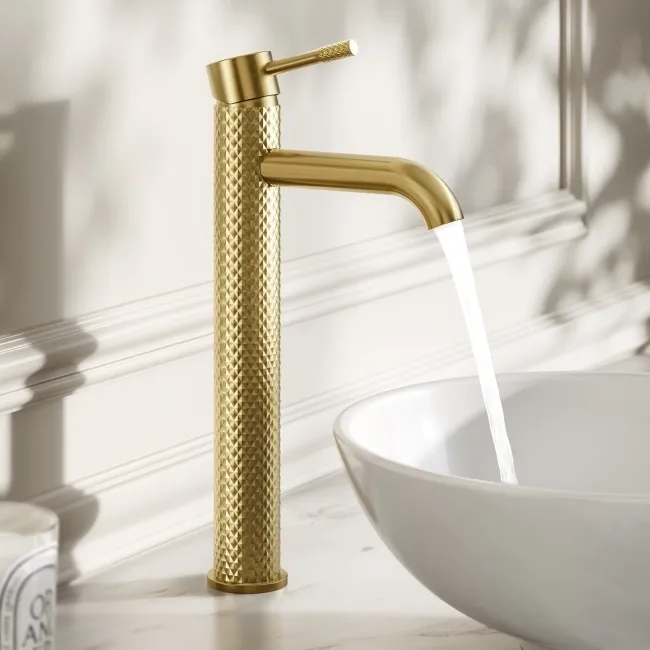 Suir Brushed Brass High Rise Basin Mixer Tap with Knurled Detailing