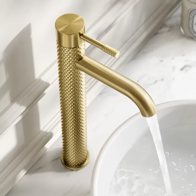 Suir Brushed Brass High Rise Basin Mixer Tap with Knurled Detailing