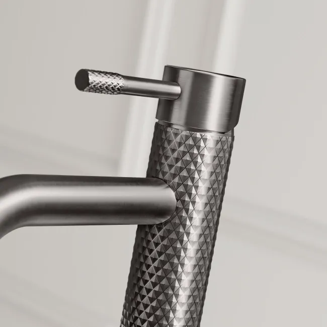 Suir Brushed Gunmetal High Rise Basin Mixer Tap with Knurled Detailing