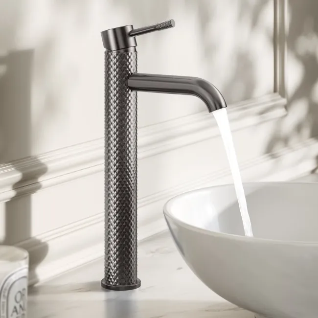 Suir Brushed Gunmetal High Rise Basin Mixer Tap with Knurled Detailing