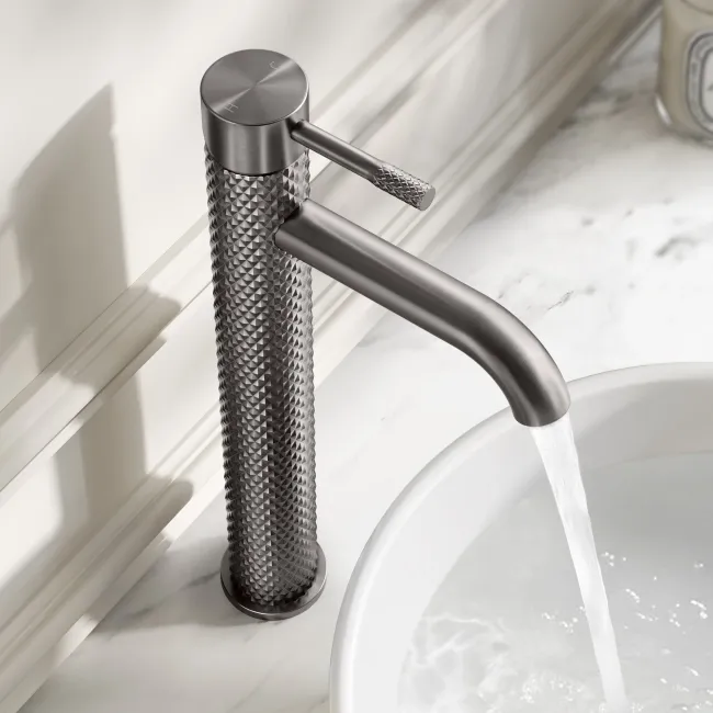 Suir Brushed Gunmetal High Rise Basin Mixer Tap with Knurled Detailing
