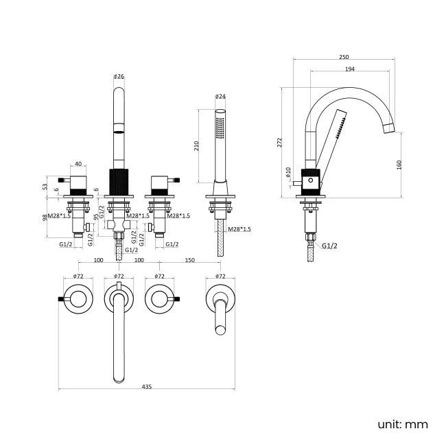 Suir Chrome Bath Mixer Tap & Handheld Shower with Knurled Detailing