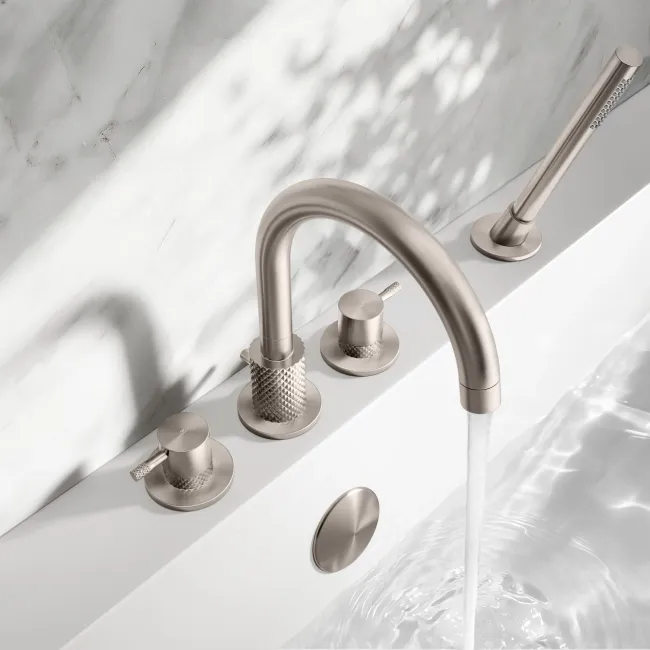 Suir Brushed Nickel Bath Mixer Tap & Handheld Shower with Knurled Detailing