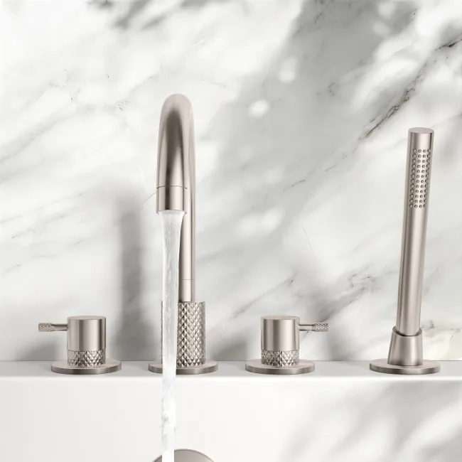 Suir Brushed Nickel Bath Mixer Tap & Handheld Shower with Knurled Detailing