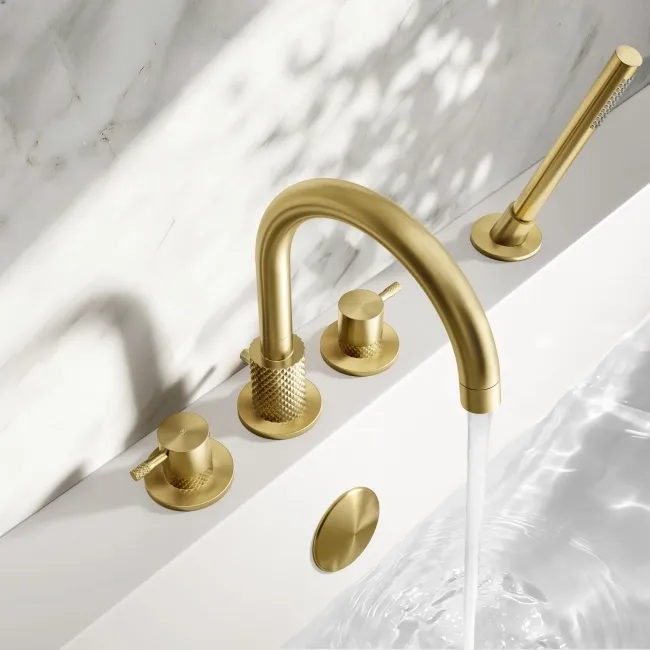 Suir Brushed Brass Bath Mixer Tap & Handheld Shower with Knurled Detailing