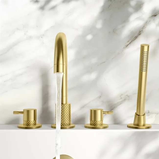 Suir Brushed Brass Bath Mixer Tap & Handheld Shower with Knurled Detailing