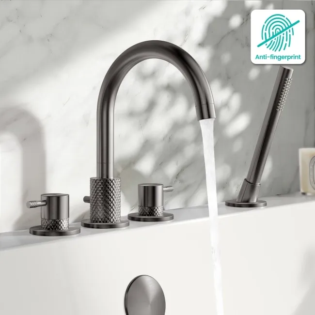 Suir Brushed Gunmetal Bath Mixer Tap & Handheld Shower with Knurled Detailing