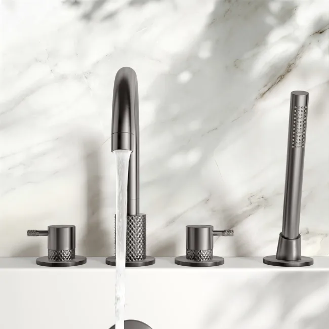 Suir Brushed Gunmetal Bath Mixer Tap & Handheld Shower with Knurled Detailing