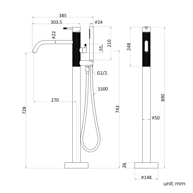 Suir Chrome Freestanding Bath Shower Mixer Tap with Knurled Detailing