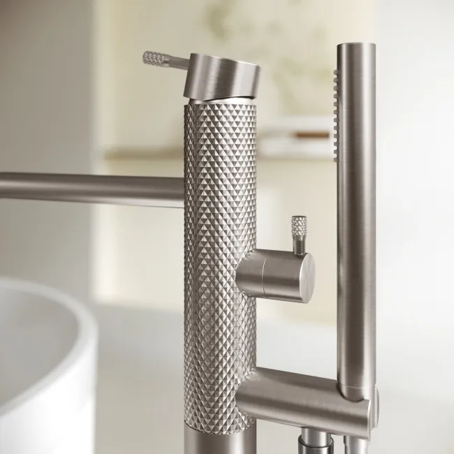 Suir Brushed Nickel Freestanding Bath Shower Mixer Tap with Knurled Detailing