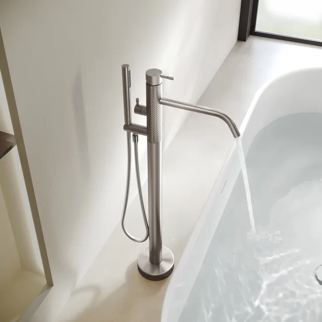 Suir Brushed Nickel Freestanding Bath Shower Mixer Tap with Knurled Detailing