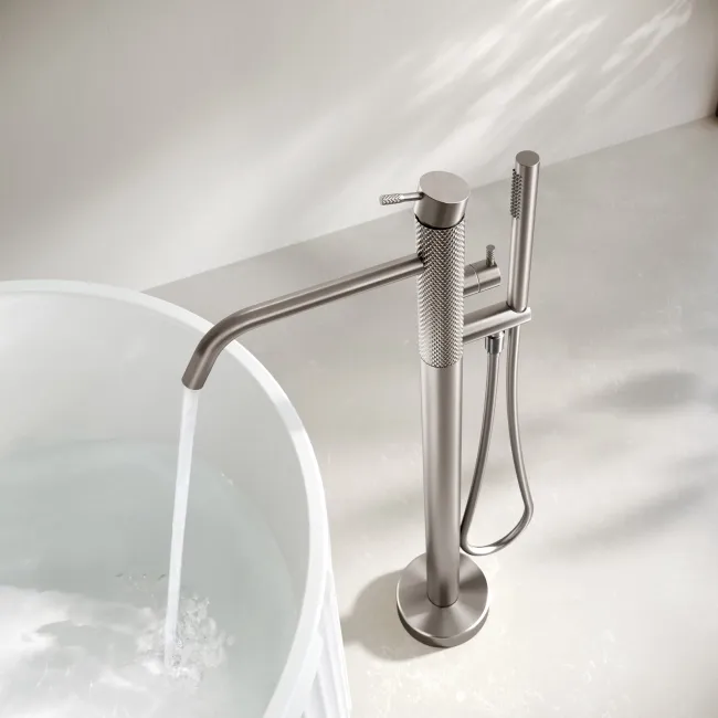 Suir Brushed Nickel Freestanding Bath Shower Mixer Tap with Knurled Detailing