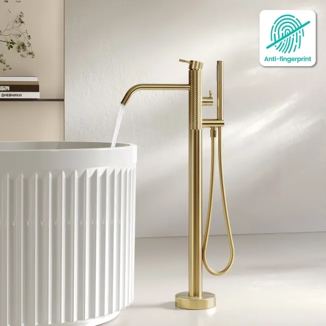 Suir Brushed Brass Freestanding Bath Shower Mixer Tap with Knurled Detailing
