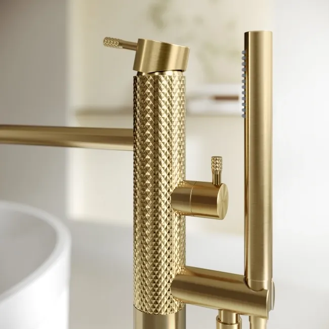 Suir Brushed Brass Freestanding Bath Shower Mixer Tap with Knurled Detailing