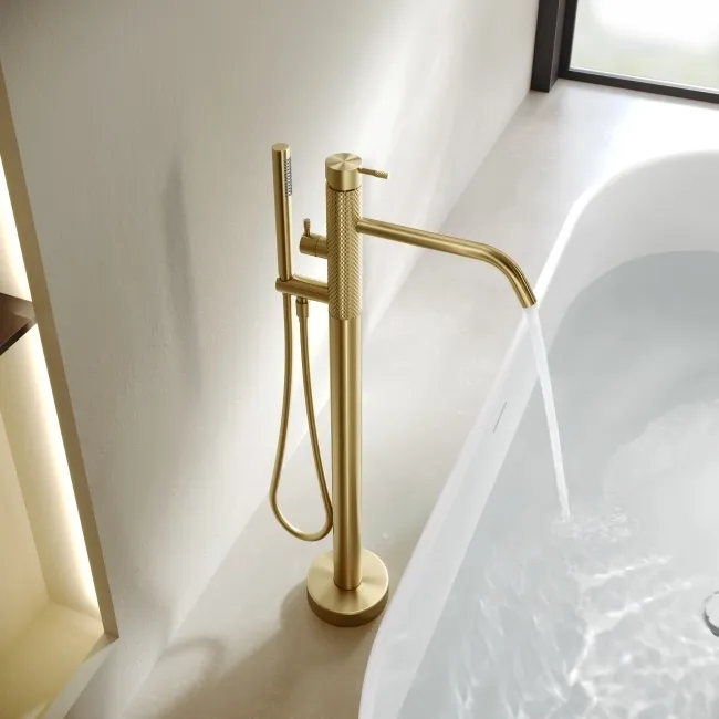 Suir Brushed Brass Freestanding Bath Shower Mixer Tap with Knurled Detailing
