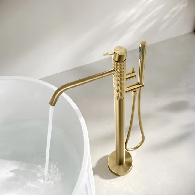 Suir Brushed Brass Freestanding Bath Shower Mixer Tap with Knurled Detailing