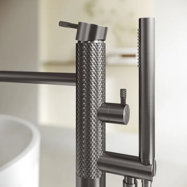 Suir Brushed Gunmetal Freestanding Bath Shower Mixer Tap with Knurled Detailing