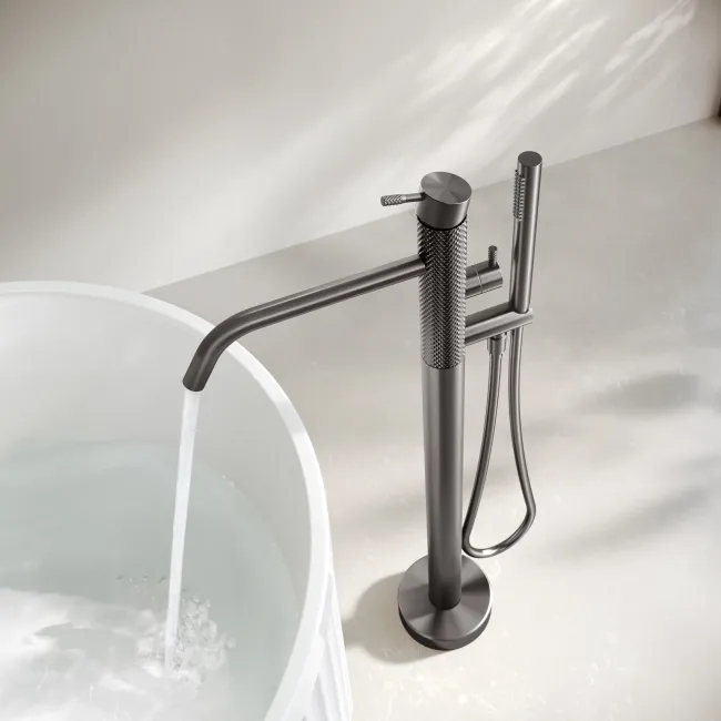 Suir Brushed Gunmetal Freestanding Bath Shower Mixer Tap with Knurled Detailing