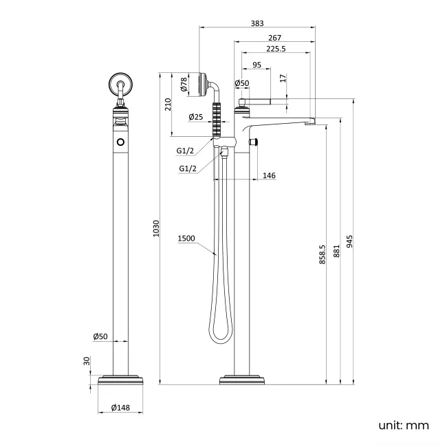 Corrib Brushed Gunmetal Freestanding Bath Shower Mixer Tap
