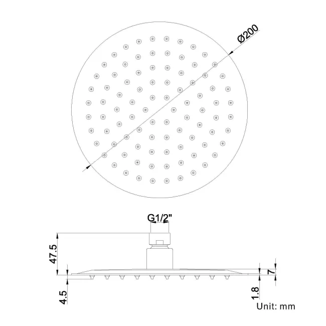 200mm Matt Black Round Stainless Steel Slim Shower Head