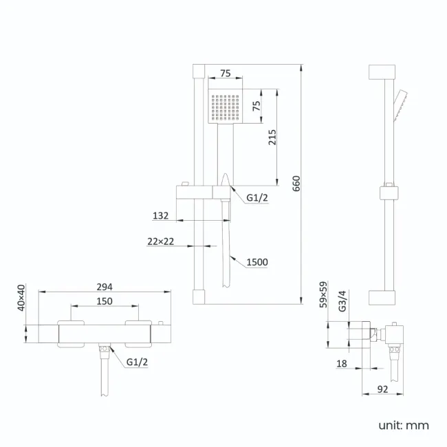 Cork Brushed Brass Square Thermostatic Bar Shower Set