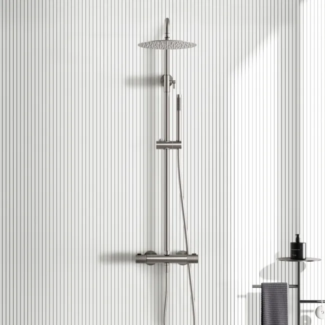 Suir Premium Brushed Nickel Round Thermostatic Shower Set with Knurled Detailing