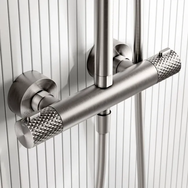 Suir Premium Brushed Nickel Round Thermostatic Shower Set with Knurled Detailing