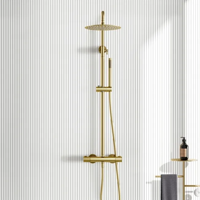 Suir Premium Brushed Brass Round Thermostatic Shower Set with Knurled Detailing