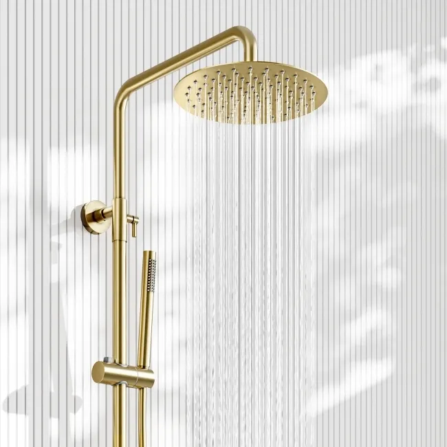 Suir Premium Brushed Brass Round Thermostatic Shower Set with Knurled Detailing