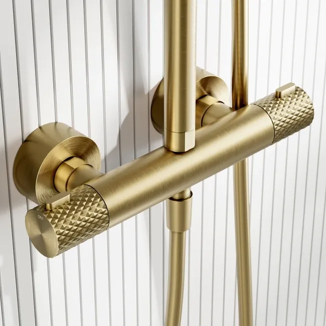 Suir Premium Brushed Brass Round Thermostatic Shower Set with Knurled Detailing