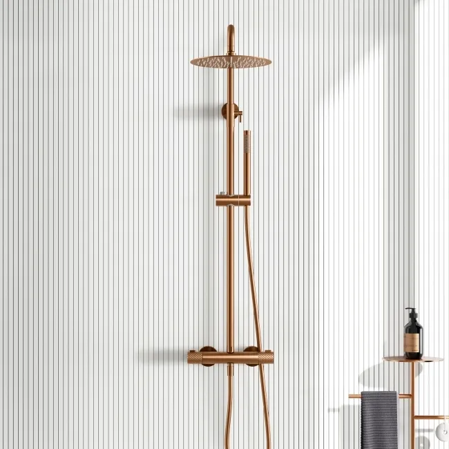 Suir Premium Brushed Copper Round Thermostatic Shower Set with Knurled Detailing