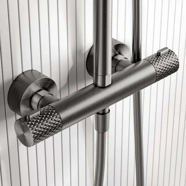 Suir Premium Brushed Gunmetal Round Thermostatic Shower Set with Knurled Detailing