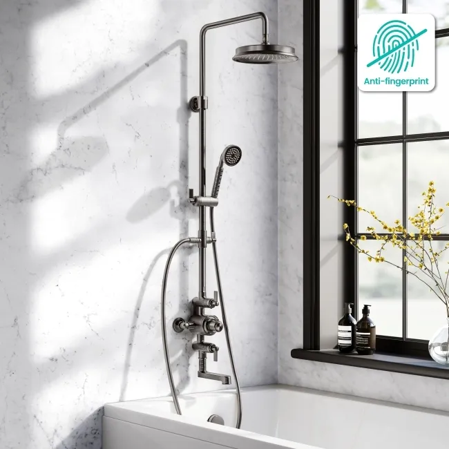 Corrib Premium Round Brushed Gunmetal Thermostatic Bath Filler Shower Set