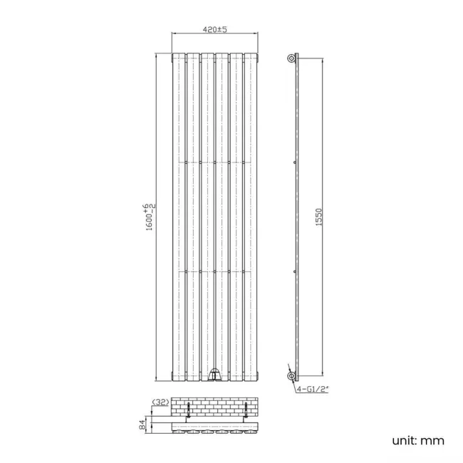 Faro Matt Black Single Flat Panel Vertical Radiator 1600x420mm