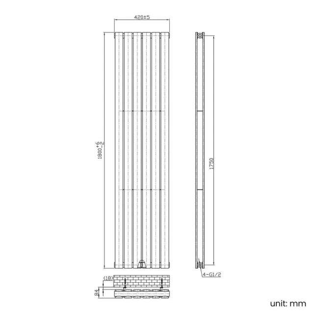 Faro Anthracite Double Flat Panel Vertical Radiator 1800x420mm