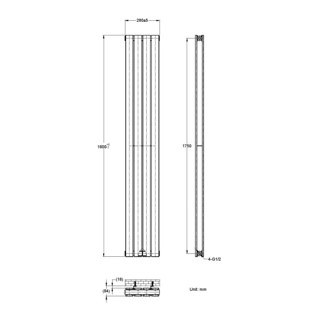 Faro Matt Black Double Flat Panel Vertical Radiator 1800x280mm
