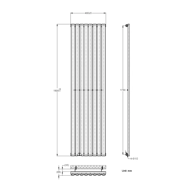 Marbella Anthracite Single Oval Panel Radiator 1800x480mm
