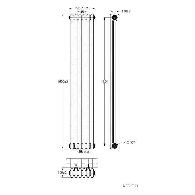 Athens White Triple Column Vertical Traditional Radiator 1500x290mm
