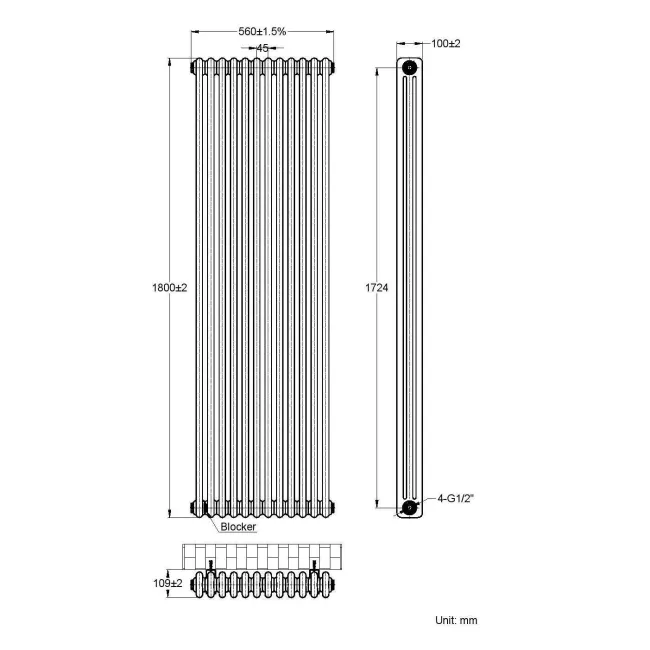Athens Anthracite Triple Column Vertical Traditional Radiator 1800x560mm