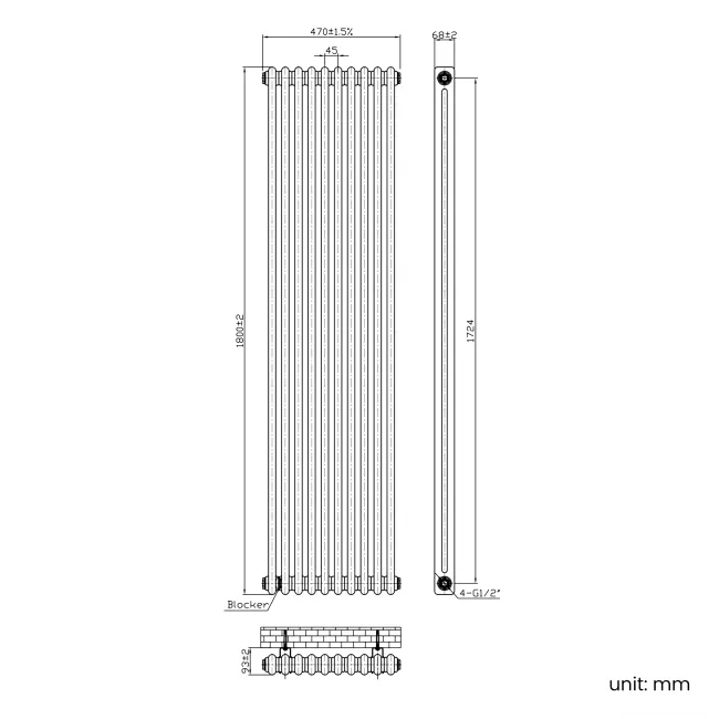Athens Antique Copper Double Column Vertical Traditional Radiator 1800x470mm
