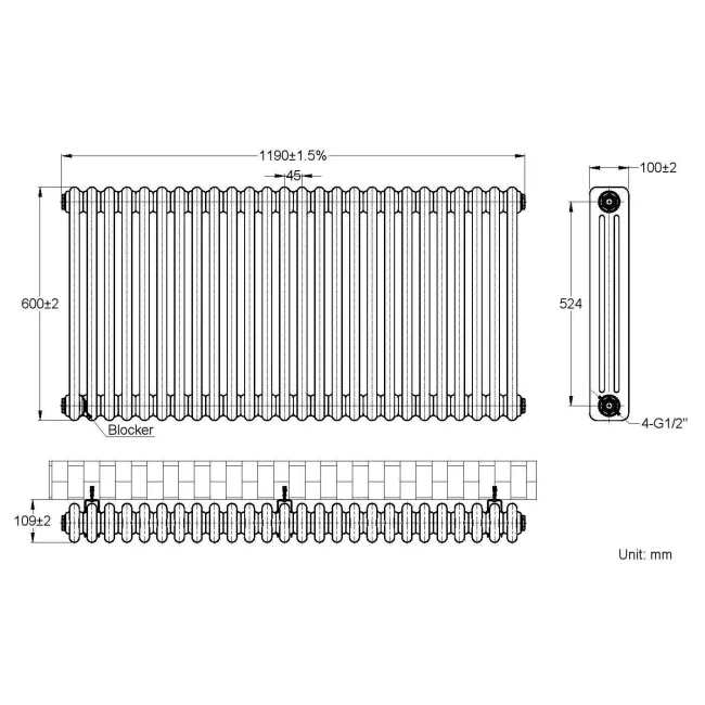 Athens White Triple Column Horizontal Traditional Radiator 600x1190mm