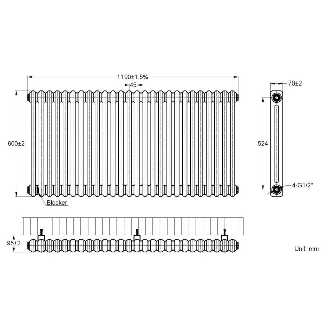 Athens Anthracite Double Column Horizontal Traditional Radiator 600x1190mm