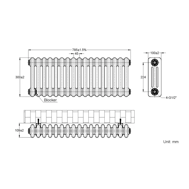 Athens Matt Black Triple Column Horizontal Traditional Radiator 300x785mm