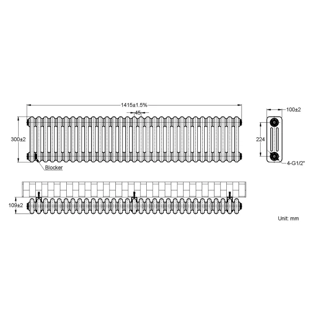 Athens Matt Black Triple Column Horizontal Traditional Radiator 300x1415mm