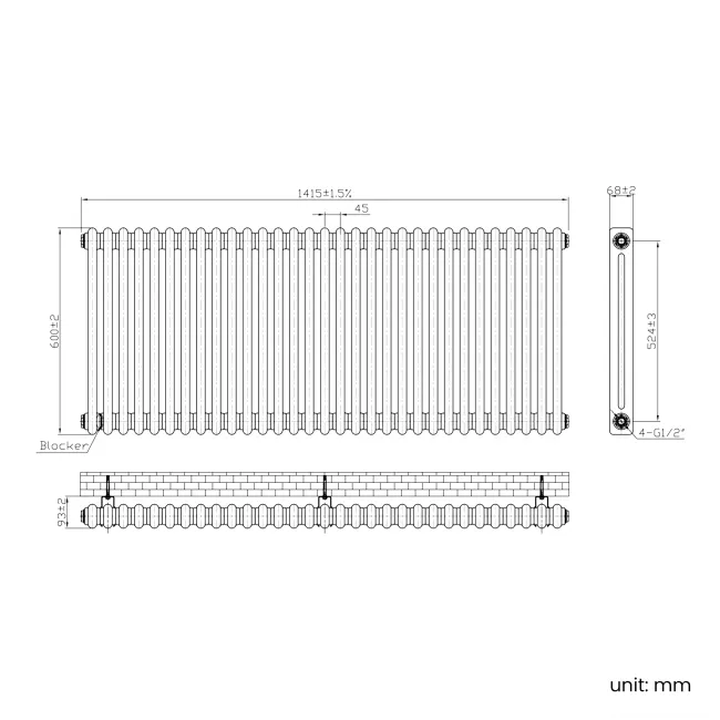 Athens Antique Copper Double Column Horizontal Traditional Radiator 600x1415mm