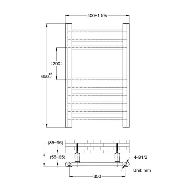 Barcelona Matt Black Straight Heated Towel Rail 650x400mm