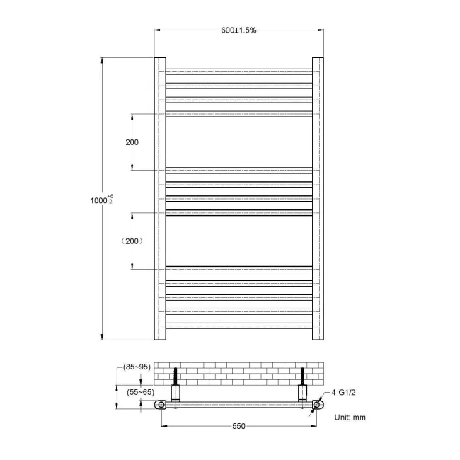Barcelona Matt Black Straight Heated Towel Rail 1000x600mm