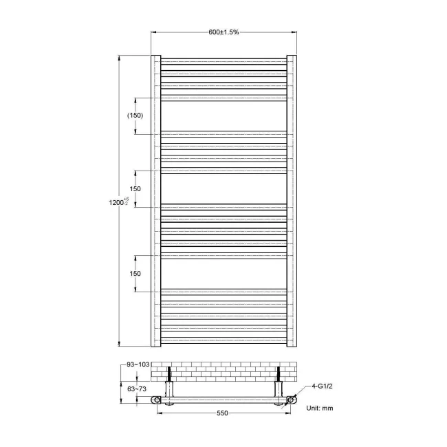 Naples Premium Matt Black Straight Heated Towel Rail 1200x600mm